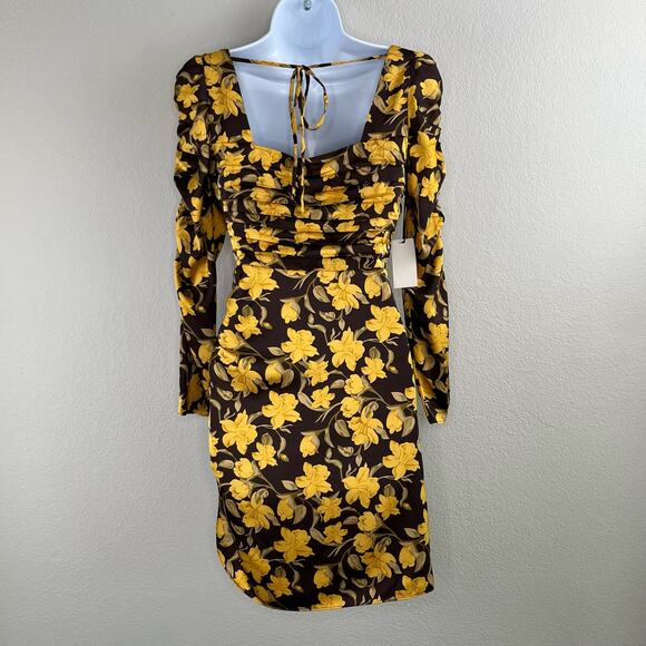 Floret Studio Brown Yellow Floral Shirred Long Sleeve Satin Mini Dress XS/SM NWT - Picture 15 of 15
